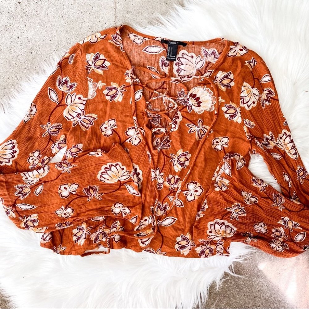 Forever 21 Burnt Orange Bell Sleeve Crop Top